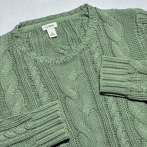 LL Bean Cable Knit Sweater‎ Womens Large Tall Green Cotton Fishermans Classic